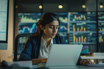 In her office environment, a busy Indian business woman is deeply immersed in her laptop at her desk. The professional businesswoman, an integral member of the company, carefully considers online