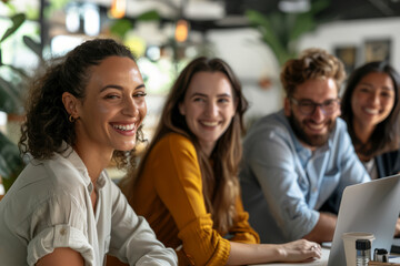 Fototapeta premium Meeting, collaboration, and portrait of a successful business team in a professional tech agency or startup. Joyful teamwork among group members and corporate individuals planning a growth strategy,