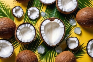 Coconuts and green tropical leaves on a yellow background. Top view, flat lay. Summer still life. Banner with copy space, place for text. 
