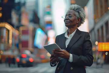 The middle-aged Black businesswoman investor, dressed in a sharp suit, confidently holds a digital tablet while standing amidst the bustling city street, her gaze drifting towards the horizon as she - Powered by Adobe