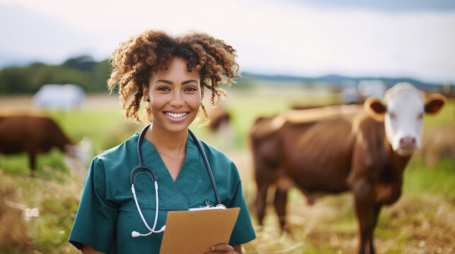 smiling happy black female veterinarian with brown cows in the background, bovine expert