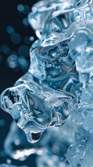 Close-up of ice with blue tones, showcasing intricate texture and transparent droplets.
