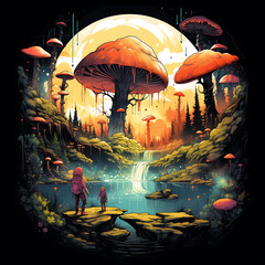 Halloween background with castle, trees and lake. Vector illustration.