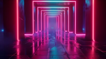 Vibrant Neon Background Glowing Purple Blue Pink Violet Path Track Gate Entrance Sci Fi Futuristic Virtual Reality Dark Tunnel Concrete Grunge 