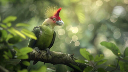 Perched gracefully, a red crested turaco's elegance is captured in high definition against nature's canvas.