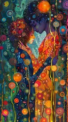 A romantic and surreal painting depicting a couple embracing intimately in an enchanted, colorful forest filled with glowing orbs and whimsical details.