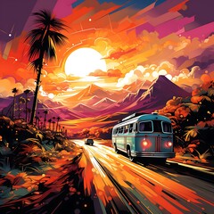 Vector illustration of a retro bus on the road in the sunset.