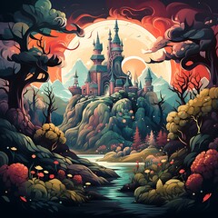 Halloween background with castle, trees and lake. Vector illustration.