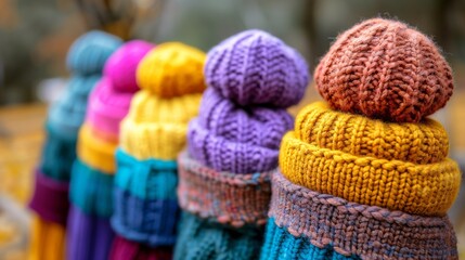 A row of colorful knitted hats lined up in a line, AI