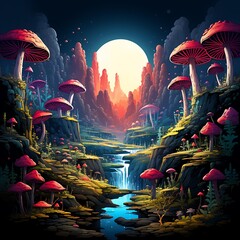 Halloween background with castle, trees and lake. Vector illustration.