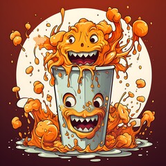 Funny cartoon monster in a bucket of juice. Vector illustration.