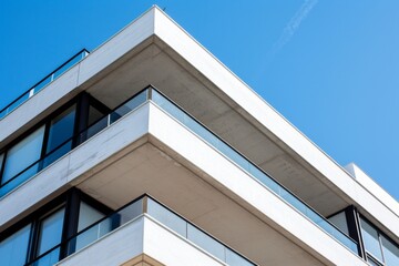 A photo of the facade of an office building in the midcentury modern style, with white concrete panels and black steel details, for architectural photography Generative AI