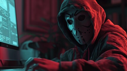 The hacker doing cyber attack in the mask is sitting at their computer, the computer screen shows code and data. Digital security cybercrime concept