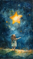 Whimsical watercolor painting of a young girl reaching towards a glowing star in a dreamlike celestial night sky.