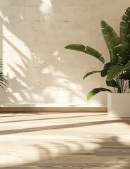 A minimalist interior with wooden flooring and a white brick wall behind it