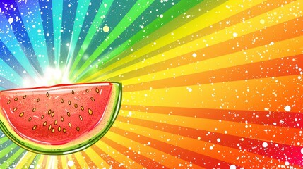   A watermelon slice atop fruit against a backdrop of rainbow burst