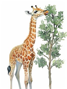 recommend clip art: Watercolor clipart of a young giraffe, tall, spotty, graceful, nibbling the top leaves of a tall acacia tree concept, perfect for nursery, isolated on white background