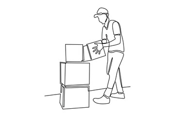 One line drawing The courier picks up the package to be delivered. Delivery service concept. Cargo activity. Continuous line draw design vector illustration