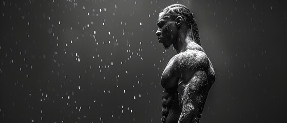 Fototapeta premium Muscular african american man with water splash on his body. Place for text