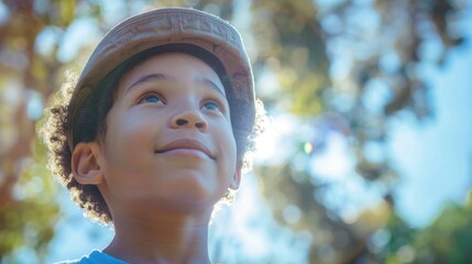 A young male child, wearing a hat, gazes skyward with curiosity and wonder.