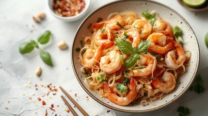 Spaghetti with shrimps and herbs on a table
