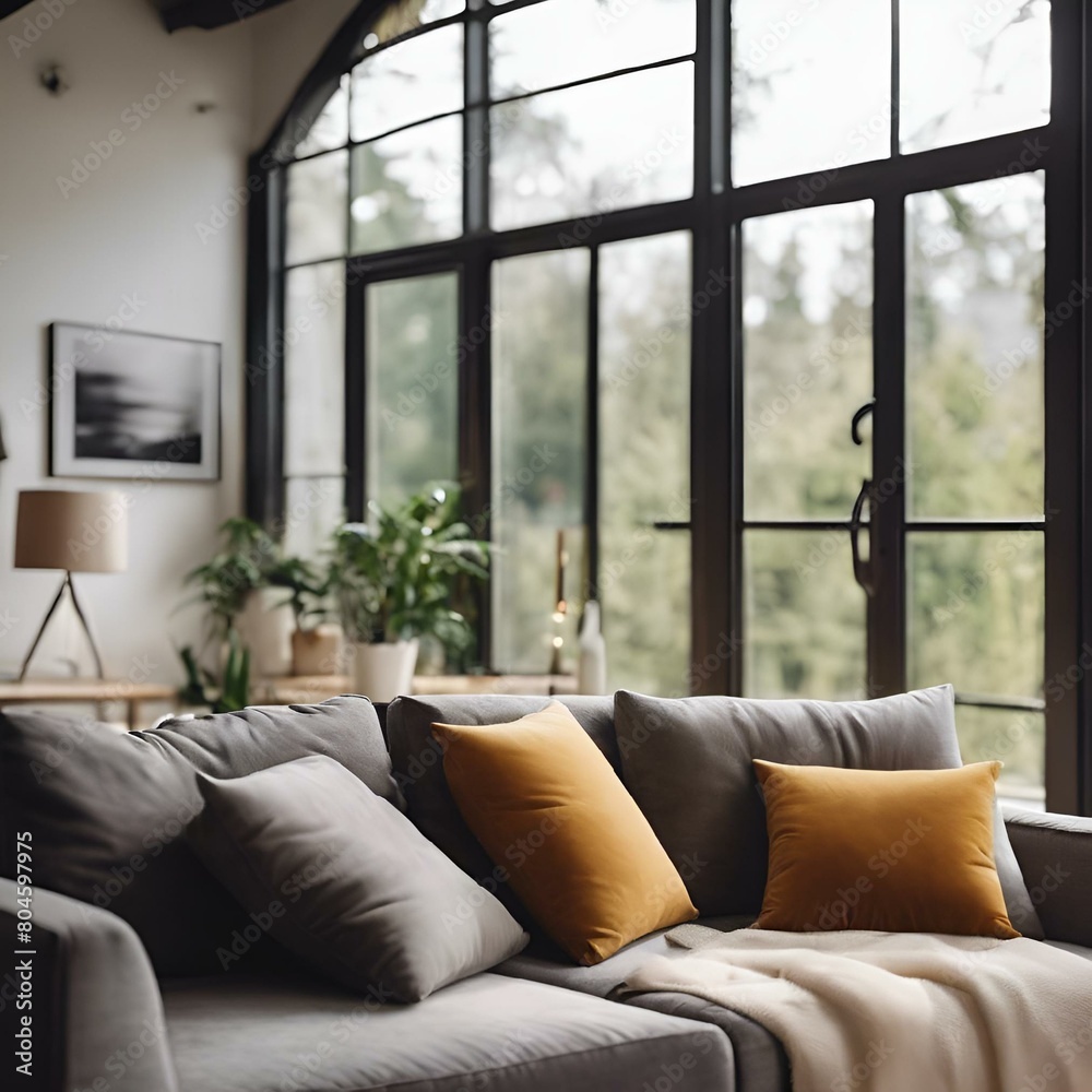 Poster AI generated illustration of a spacious room with a grey couch, cozy blanket, and green plants