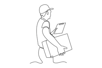 One line drawing of The courier checks the address of the package to be delivered. Delivery service concept. Cargo activity. Continuous line draw design vector illustration