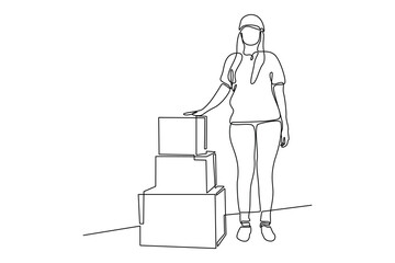 One line drawing of The courier looks after the package that arrives. Delivery service concept. Cargo activity. Continuous line draw design vector illustration