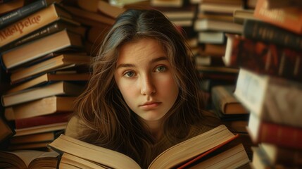 The close up picture of the caucasian girl reading the book inside the library that has been...