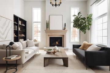 A living room with a fireplace, a sofa, and a coffee table.