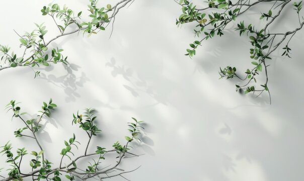 Minimalistic branches with green leaves against a bright clean background