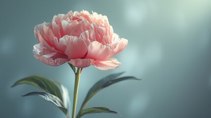 On a light background, a gorgeous pink peonie flower stands out.