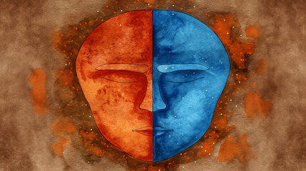 A painting of two faces with one being blue and the other being red