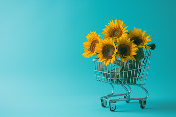A shopping cart full of sunflowers. Summer shopping, summer discounts, promotion. Postcard with flowers.