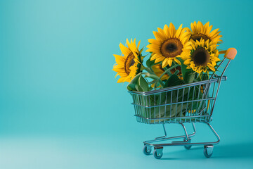 A shopping cart full of sunflowers. Summer shopping, summer discounts, promotion. Postcard with flowers.