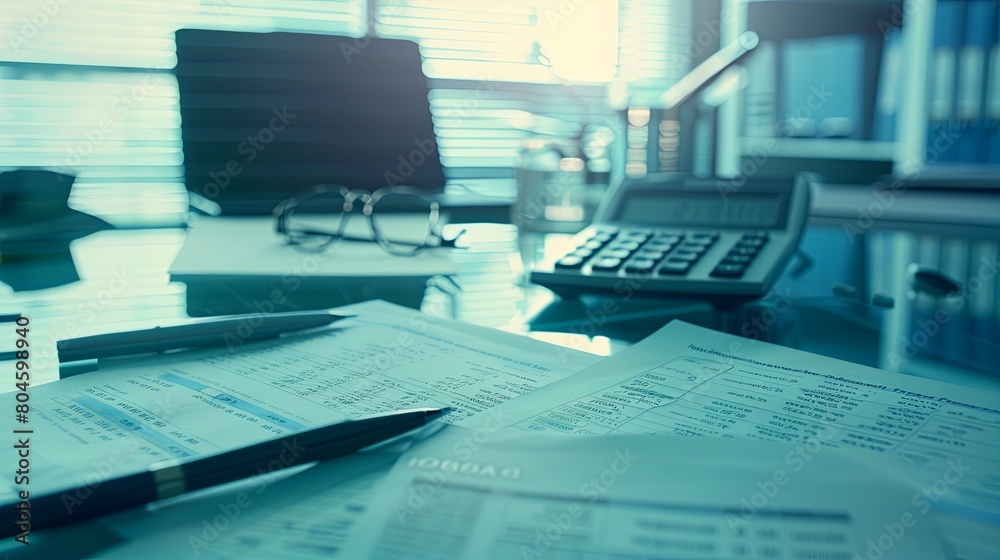Fototapete A cluttered desk stacked with papers and a calculator on top, showcasing a busy work environment. Generative AI