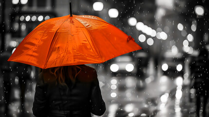 A Black and white photography of a rainy city street scene. Rare view of a woman holding an umbrella. The umbrella is vivid orange tone, standing out as the only element in color..