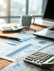 A calculator is placed on top of a table next to a laptop, surrounded by financial documents, creating a professional workspace for accounting tasks. Generative AI