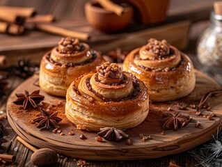 A couple of cinnamon rolls with powdered sugar on top