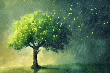 A beautiful painting of a tree in the rain. Perfect for nature lovers