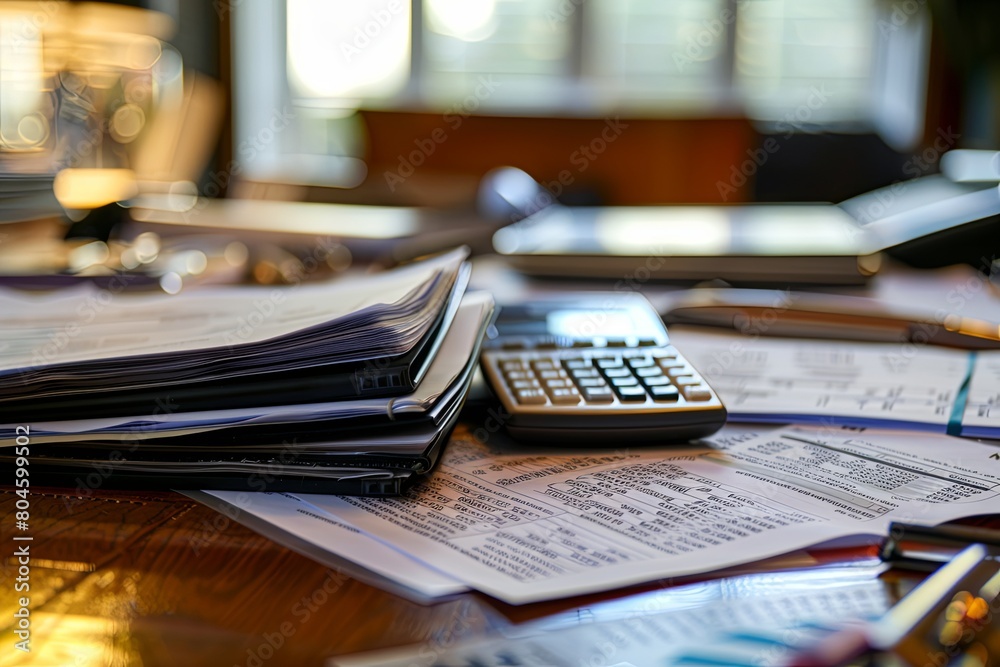 Fototapete A calculator rests on top of a stack of papers on a desk with financial documents. Ideal for accounting services, tax consulting, and financial planning. Generative AI