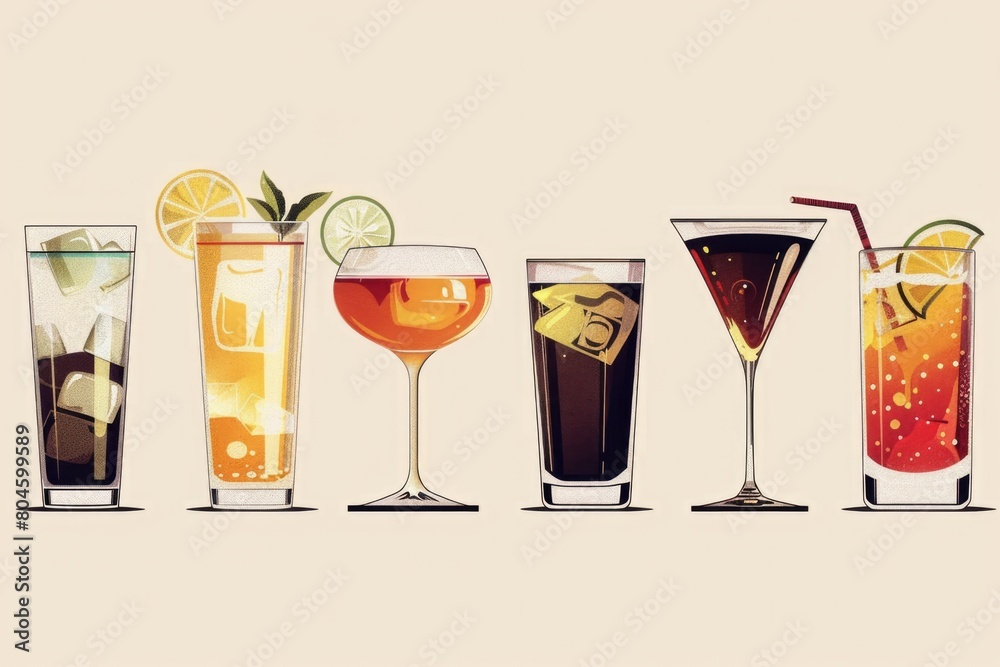 Poster A row of different types of drinks in glasses, suitable for beverage concepts