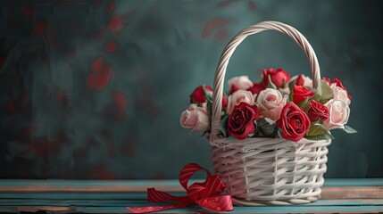 A white wicker basket adorned with red and pink roses rests on a light wooden surface complemented by a vibrant red gift ribbon set against a dark backdrop on a wooden table with ample spac