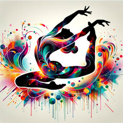 Obraz premium Woman Performing Gymnastic Pose With Colorful Paint Splatters