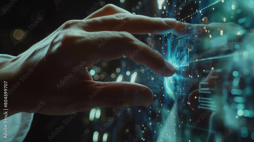 Poster a detailed shot of a person's hand interacting with a digital screen. ideal for technology and commu