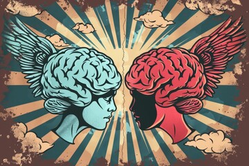 Two heads with wings on a textured grunge background. Suitable for artistic or conceptual projects