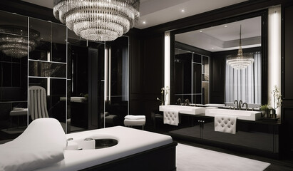 A luxurious black and white spa room with state-of-the-art relaxation features