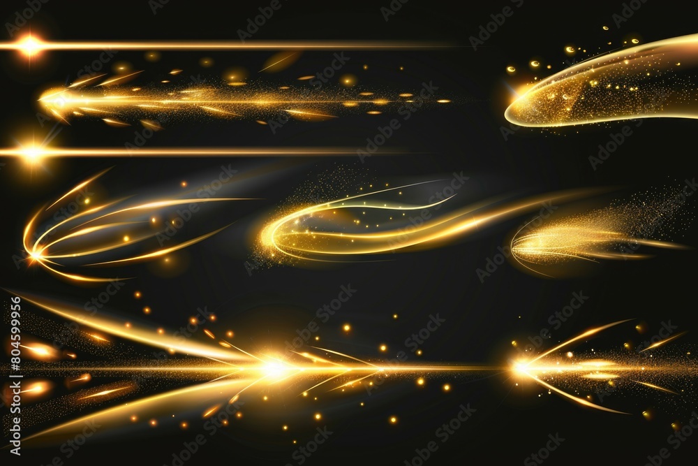 Poster beautiful golden glowing lights on a dark black background, perfect for adding a touch of elegance t