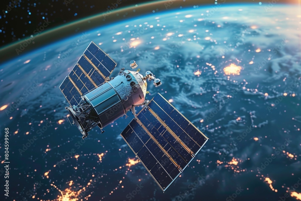 Aufkleber A stunning view of the earth from space with a satellite in the foreground. Perfect for science and technology projects