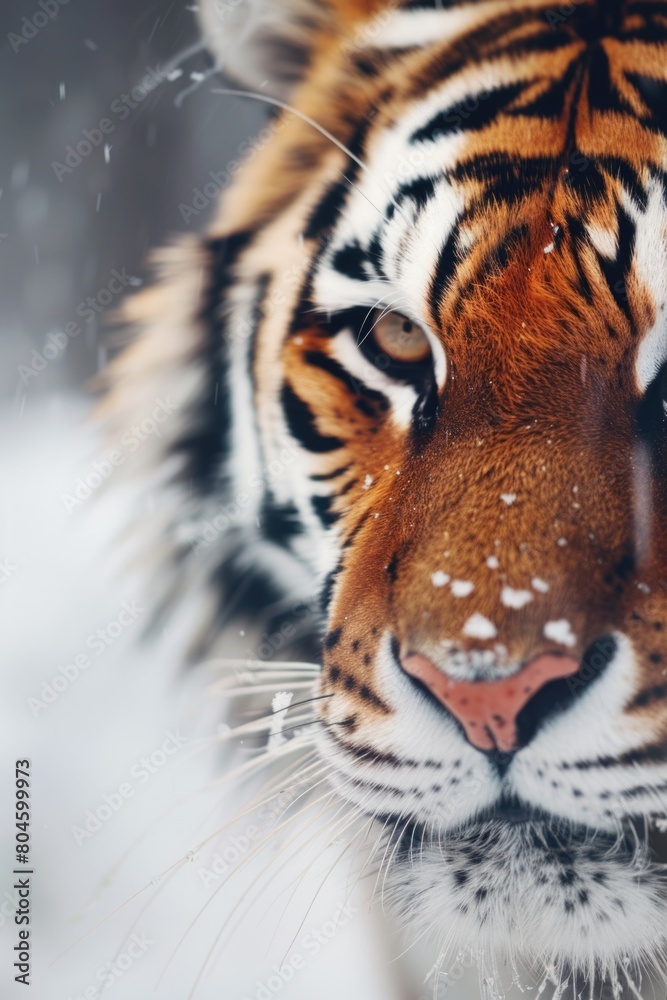 Poster a close up image of a tiger in the snow. suitable for wildlife and winter themes